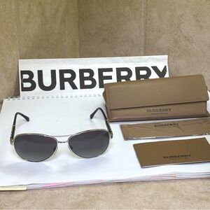 New Burberry B3080 1300 Silver Metal Aviator Polarized Sunglasses